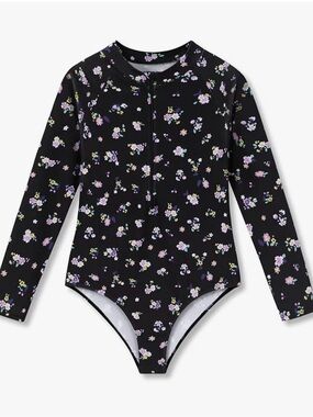 Dvenki Girls' Black Floral Long-Sleeve Rash Guard Swimsuit size 8 NWT